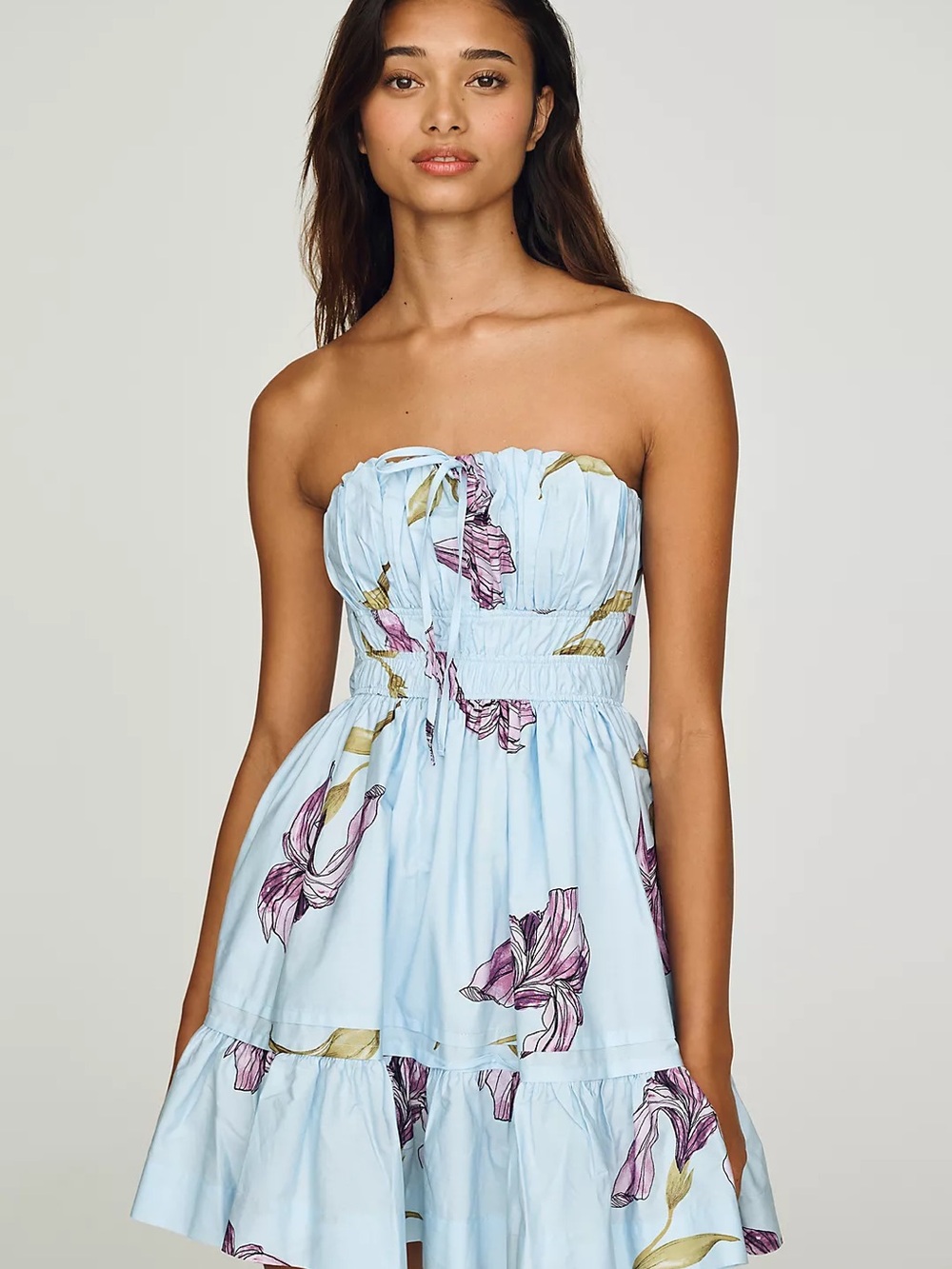 Anthropologie Light Blue Strapless Floral Mini Dress